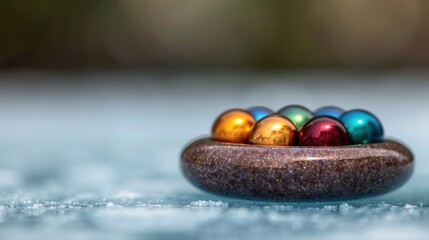 Poster - Colorful Easter eggs in a decorative bowl on a snowy surface