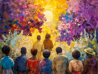 A painting of a group of people standing in a field with a sun in the background. The painting is full of bright colors and seems to be a celebration of life and community