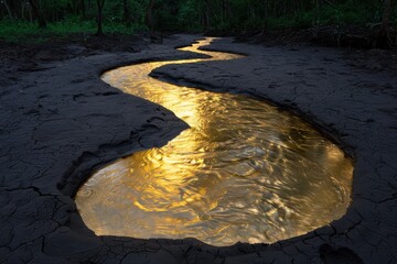 Poster - Winding golden stream in dark forest