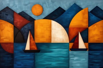 Wall Mural - abstract landscape with sailboats and sun