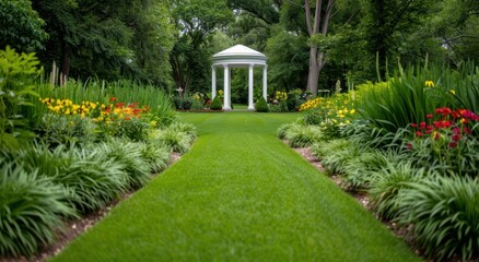 Sticker - Lush garden with white gazebo and colorful flowers