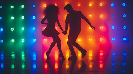 Couple is dancing salsa on a stage illuminated by colorful lights