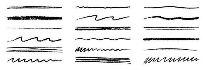Chalk lines, charcoal highlight strokes doodle set. Pencil underlines, kids crayon strips, brush line in sketch style. Grunge texture. Hand drawn vector illustration isolated on white background