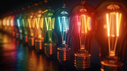 Wall Mural - Close-up of colorful hanging light bulbs with glowing filaments.