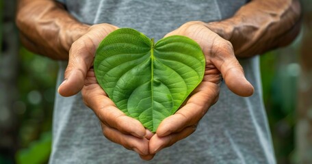 Wall Mural - Keeping the environment clean and sustainable. Close up of a hand holding a heart-shaped green leaf on the chest. Environmental and Ecology Care Concept.