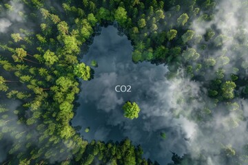 An illustration of the impact of carbon dioxide emissions on nature in the form of a lush forest with an pond shaped like the CO2 symbol.