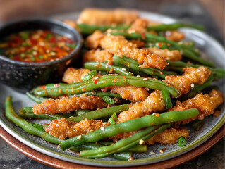 Wall Mural - A plate of fried food with green beans and a dipping sauce. The dish looks delicious and inviting