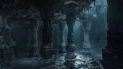 Wall Mural - Mystical cavern with intricate ruins engraved on dark columns in underground temple