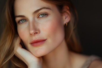 Wall Mural - Portrait of a woman with green eyes and freckles resting her hand on her face, looking serene.