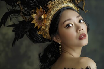 Wall Mural - Elegant portrait of a woman with a golden headpiece, black feathers, and detailed makeup.