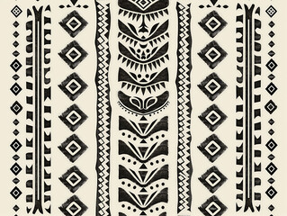 A black and white drawing of a patterned design with a white background. The design is made up of various shapes and lines, and it is a tribal or cultural motif. Scene is one of mystery and intrigue
