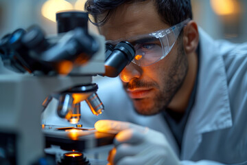 Canvas Print - A scientist examining a sample with a high-tech microscope. Concept of cutting-edge medical research. Generative Ai.