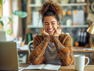 Poster - A woman with curly hair is sitting at a desk with a laptop and a cup of coffee. She is smiling and she is enjoying her time