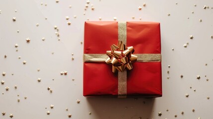 Wall Mural - Red paper wrapped gift box with gold bow on white backdrop