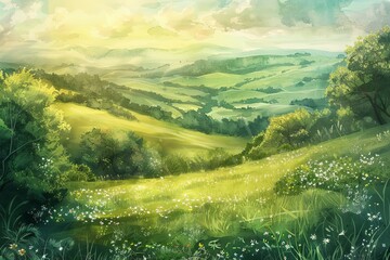 A lush, green countryside landscape with rolling hills, wildflowers, and serene valleys