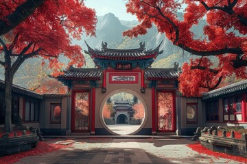 Wall Mural - A serene Chinese courtyard with red trees, traditional circular gate, and a beautiful mountainous backdrop