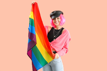 Poster - Young woman with LGBT flag on pink background