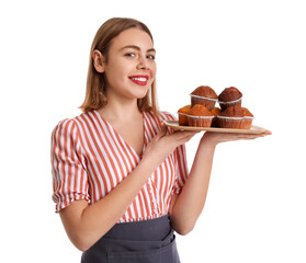 Sticker - Female baker with tray of tasty cupcakes on white background