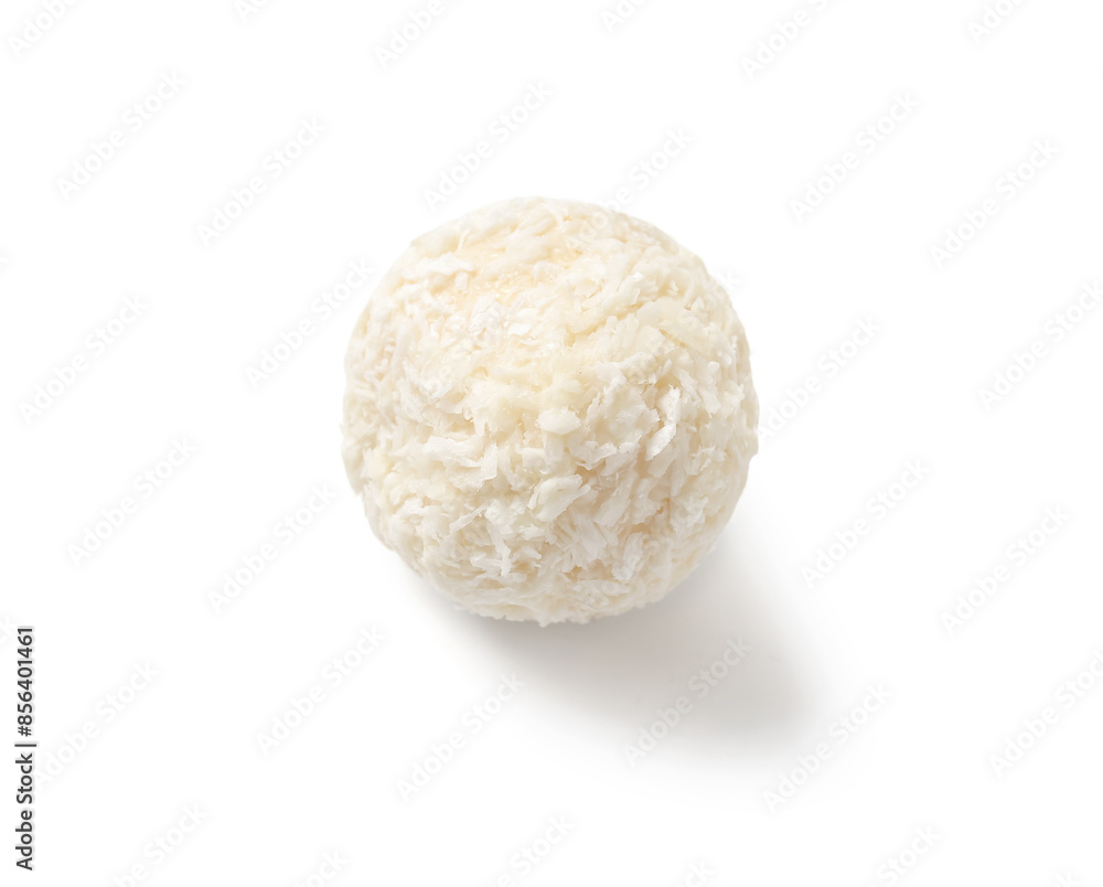 Delicious chocolate candy with coconut topping isolated on white background