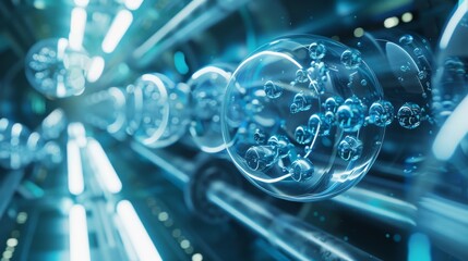 Wall Mural - Translucent hydrogen atoms are suspended inside advanced seawater hydrogen extraction equipment, showcasing various technological applications related to hydrogen energy, such as hydrogen-powered cars