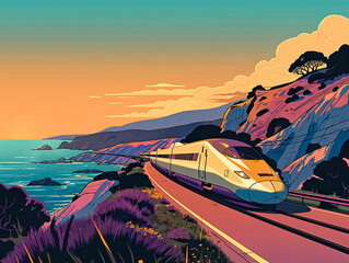 A train is traveling down a track next to a body of water. The train is long and sleek, and the scenery is picturesque. The sky is a mix of orange and purple, and the water is calm