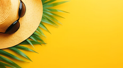 Wall Mural - summer heat with tropical leaf on yellow background