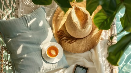 Poster - A hammock made from terrestrial plant fibers, under a tree on the beach, with a straw hat, a book, a cell phone, and a glass of orange juice AIG50