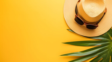 Wall Mural - summer heat with tropical leaf on yellow background