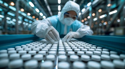 A worker conducts meticulous quality control on a vast array of white pills moving along a conveyor belt at a modern pharmaceutical manufacturing plant.