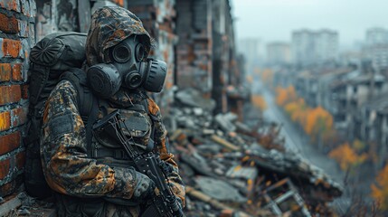 Wall Mural - Soldier in gas mask looking over destroyed city.