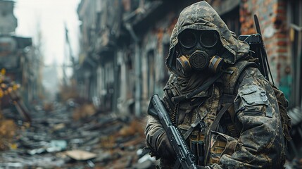 Soldier in Gas Mask in a Ruined City.