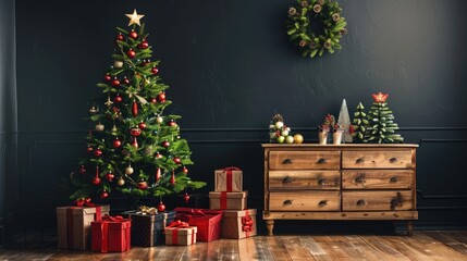 Wall Mural - Christmas tree with presents and wooden furniture by a dark wall Design banner