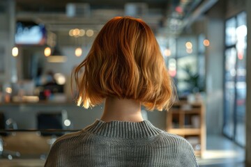 Sticker - A woman with red hair sitting in a chair at the barber shop. AI.