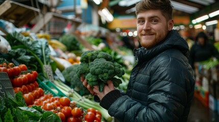 Man holding a large green broccoli in a market. AI.