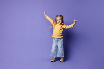 Sticker - Cute little girl dancing on purple background, space for text