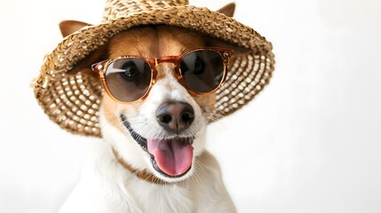 Wall Mural - Happy smile Puppy dog wear sunglasses with summer season costume isolated on white background, pets summer, lovely dog, holiday vacation.