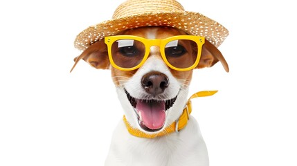 Wall Mural - Happy smile Puppy dog wear sunglasses with summer season costume isolated on white background, pets summer, lovely dog, holiday vacation.