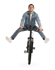 Poster - Smiling man having fun while riding bicycle on white background