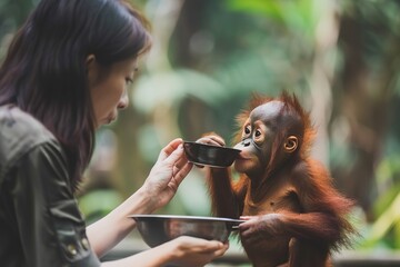 conservationist feeding a baby orang utan