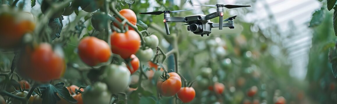 Mini drone flying in a greenhouse with tomato crop. AI generated illustration