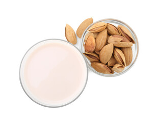 Sticker - Glass of almond milk and almonds isolated on white, top view