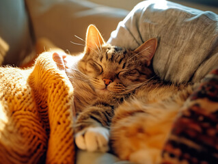 A cat is sleeping on a blanket with a pillow on top of it. The cat is curled up and he is very relaxed