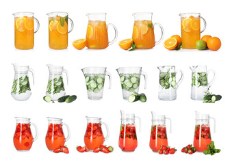 Wall Mural - Glass jugs with refreshing drinks isolated on white, set