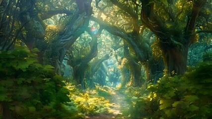 Wall Mural - A beautiful fairytale enchanted forest with big trees and great vegetation. Digital painting background	
