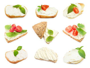 Wall Mural - Delicious sandwiches with cream cheese isolated on white, set