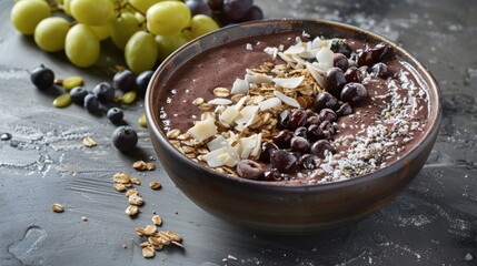 Wall Mural - Nutritious acai smoothie bowl with muesli grapes and coconut flakes on gray backdrop