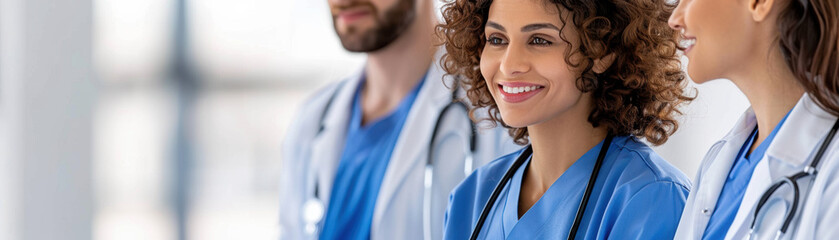 Wall Mural - Three smiling doctors in blue scrubs