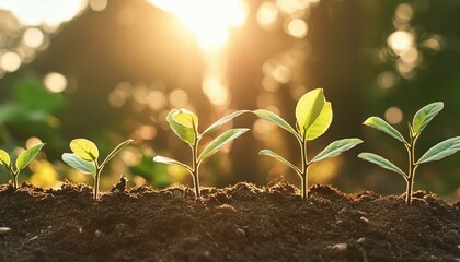 Closeup of green growth saplings and seedlings embracing warm sunlight. Nurturing nature promise. Bright beginning with symbolizing and environmental care