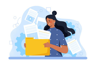 woman with folder with documents. young girl with folder and files. electronic storage and archive, 
