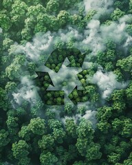 Canvas Print - Recycle symbol on the forest background . Ecological concept. Ecology. Recycle and Zero waste symbol in the untouched jungle for Sustainable environment. AI generated illustration